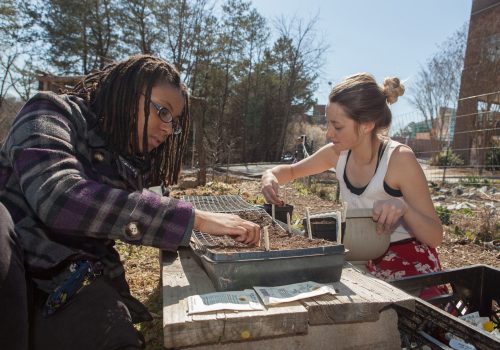 Two studnets placing seeds into a planter.